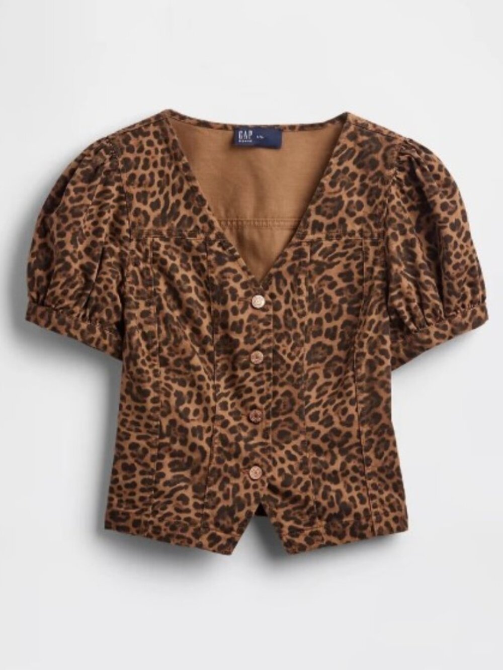GAP DENIM Puff-Sleeve TOP Seamed Top DARK BROWN LEOPARD COTTON TOP xl tall NEW